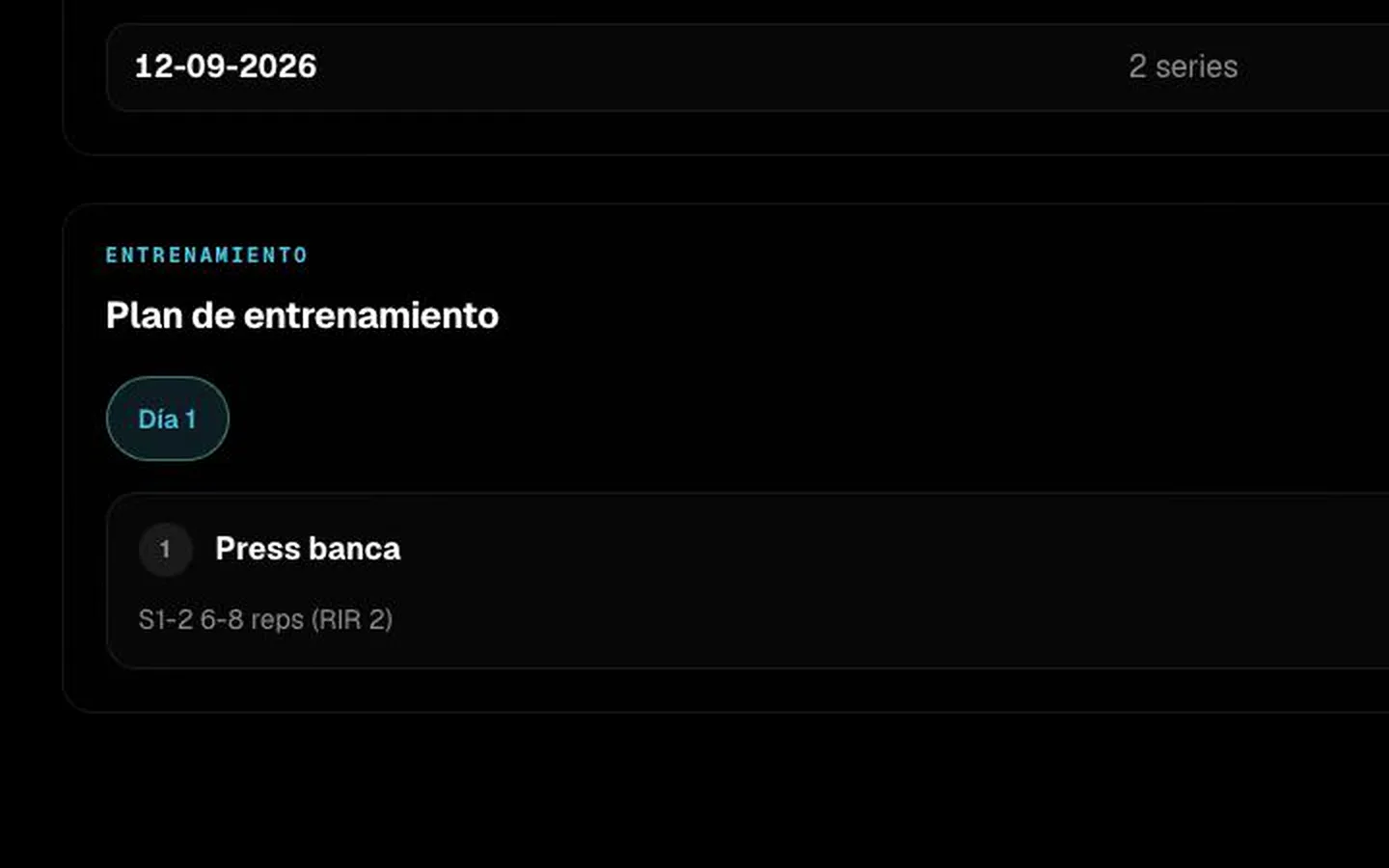Panel de una rutina demo con el resultado registrado por el cliente
